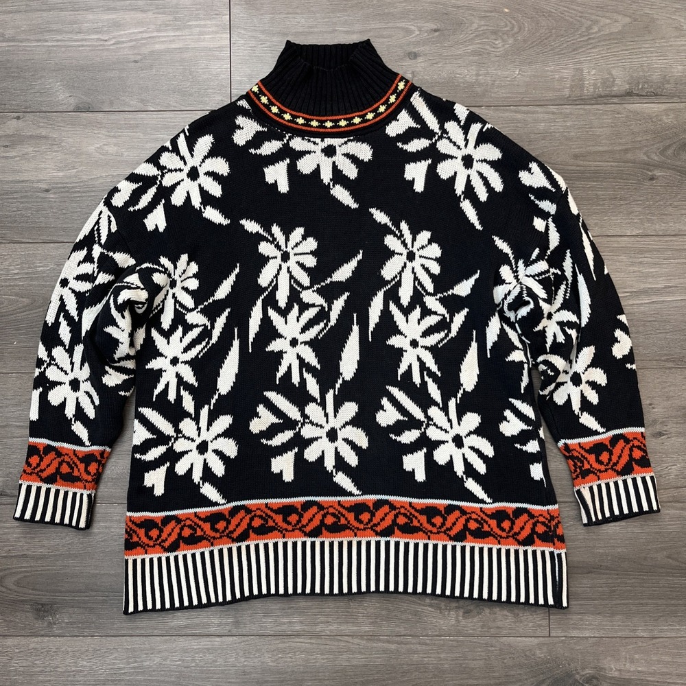 VTG Bergdorf Goodman Mens M Pullover Knit Mock Neck Sweater Black White Floral